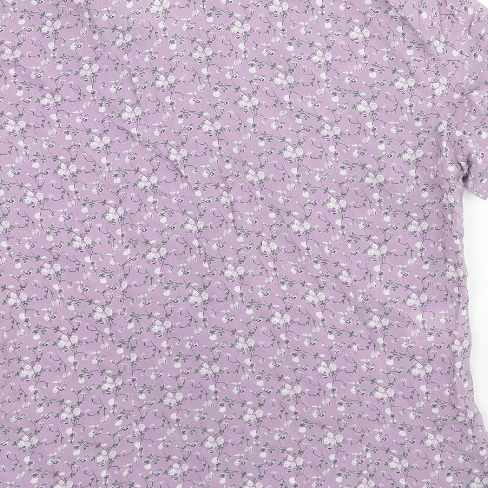 Brand and care label for AMARANTO women’s purple floral viscose basic button-up, size UK 10, collared