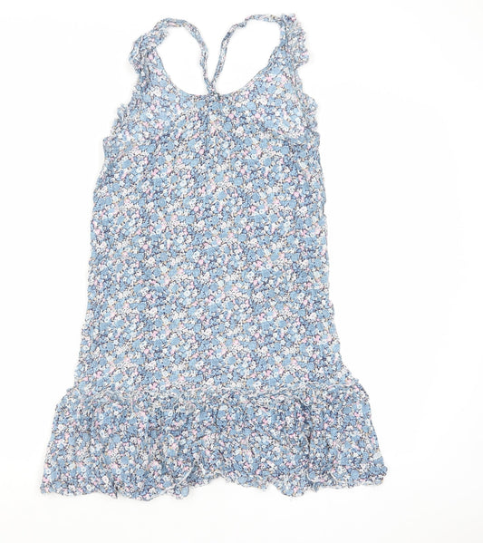 NAF NAF Womens Blue Floral Viscose Mini Size 8 Scoop Neck Button