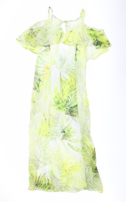 Additional front view of Roman women’s green geometric polyester a-line, size UK 10, round neck zip - cold shoulders