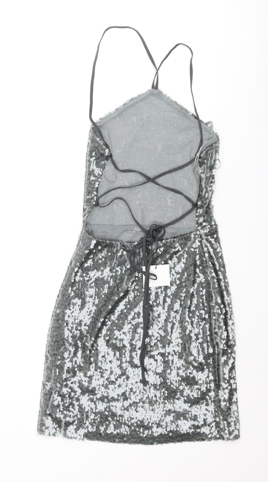 Zara Womens Grey Polyester Mini Size S Halter Lace Up - Open Back