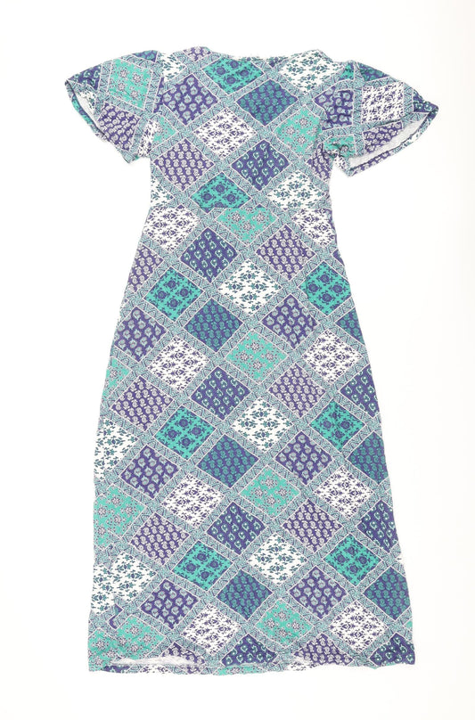 Cotton Traders Womens Blue Geometric Viscose A-Line Size 10 Round Neck Pullover