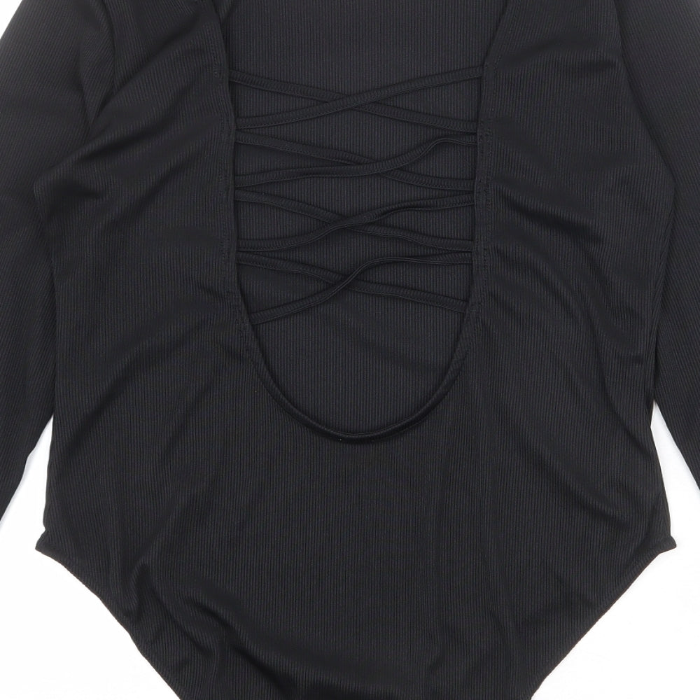 Missguided Womens Black Polyester Bodysuit One-Piece Size 14 Snap - Lace Up Back Detail
