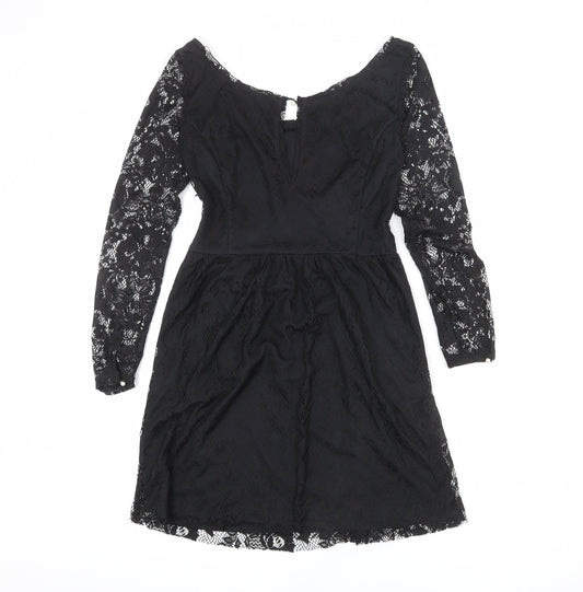 Zara Womens Black Polyester A-Line Size M Boat Neck Button - Lace