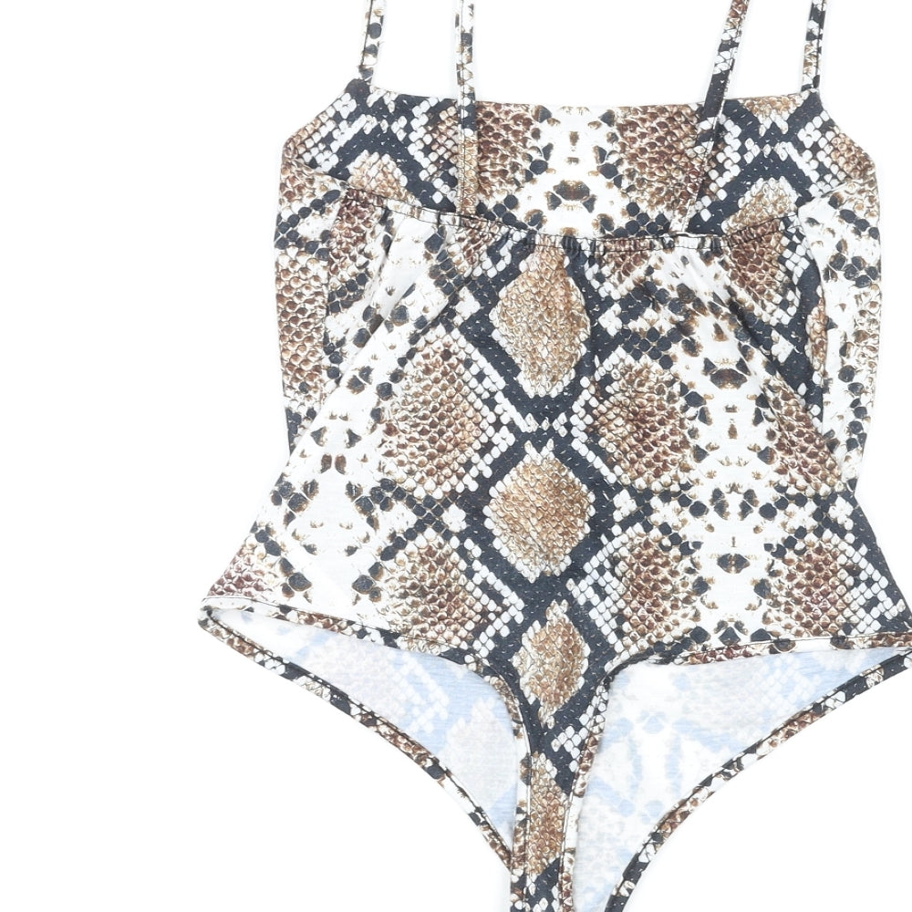 PRETTYLITTLETHING Womens Multicoloured Animal Print Polyester Bodysuit One-Piece Size 6 Snap - Snakeskin Pattern
