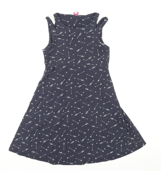 Additional front view of Red Herring women’s blue geometric cotton a-line, size UK 8, round neck pullover - heart & arrow