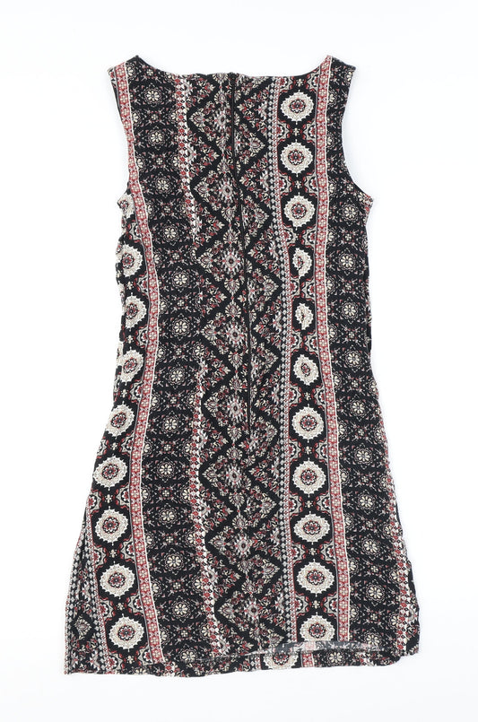 Dorothy Perkins Womens Black Geometric Viscose A-Line Size 8 Round Neck Zip