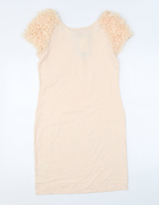 H&M Womens Pink Cotton Bodycon Size M Scoop Neck Pullover - Floral Sleeves