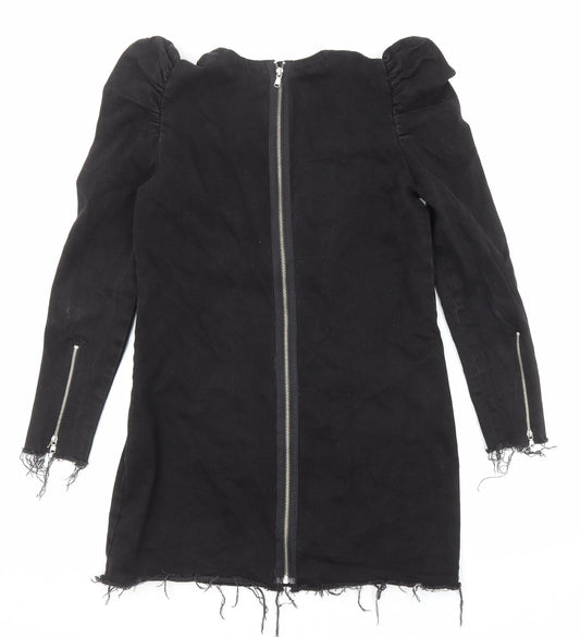 Zara Womens Black Cotton A-Line Size M V-Neck Zip