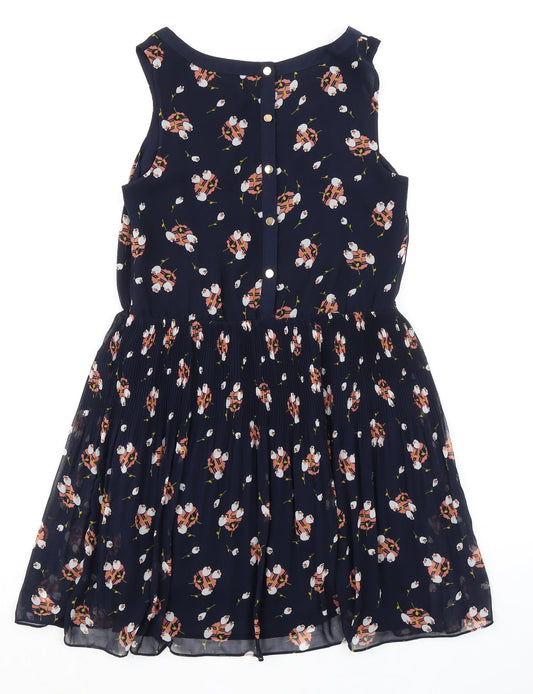 Oasis Womens Blue Geometric Polyester A-Line Size 8 Round Neck Button