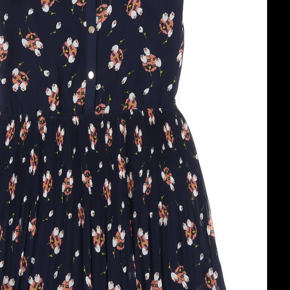 Oasis Womens Blue Geometric Polyester A-Line Size 8 Round Neck Button