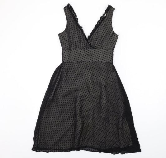 Oasis Womens Black Polka Dot Silk A-Line Size 8 V-Neck Zip - Frill Detail