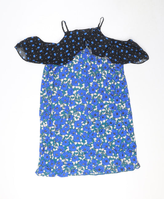 Miss Selfridge Womens Blue Floral Viscose Tank Dress Size 12 High Neck Pullover