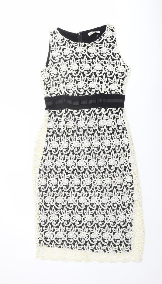 Additional front view of Kaleidoscope women’s ivory polyester bodycon, size UK 12, round neck zip - lace