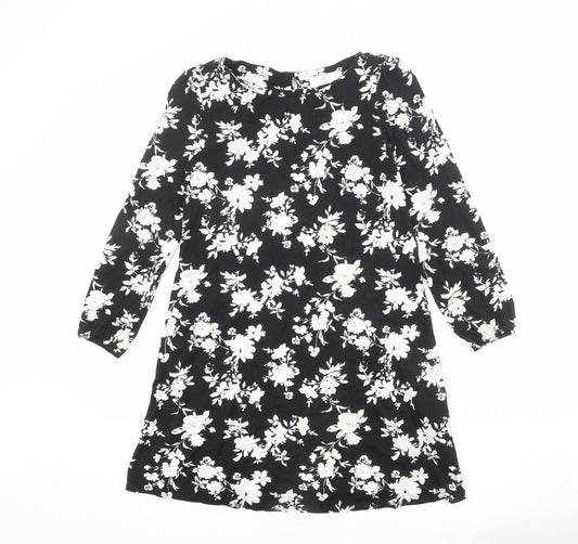 Additional front view of Wallis women’s black floral viscose mini, size UK 10, round neck button