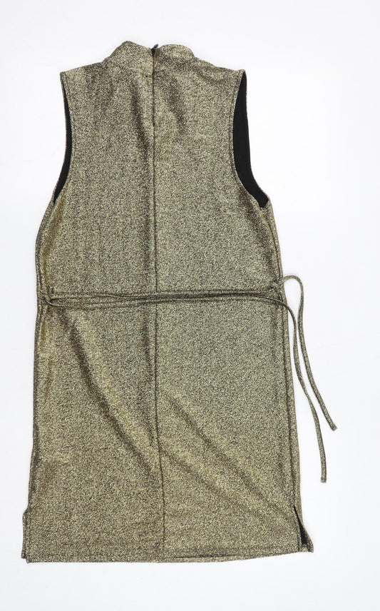 Topshop Womens Gold Viscose A-Line Size 10 Mock Neck Zip