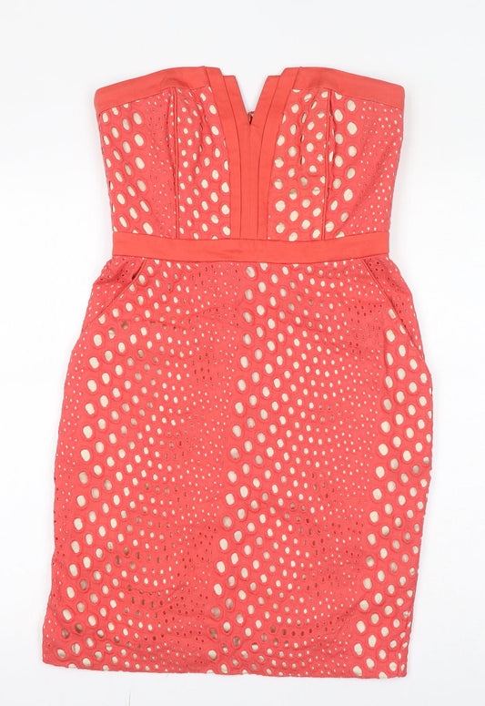 Warehouse Womens Pink Polka Dot Cotton Pencil Dress Size 10 V-Neck Zip