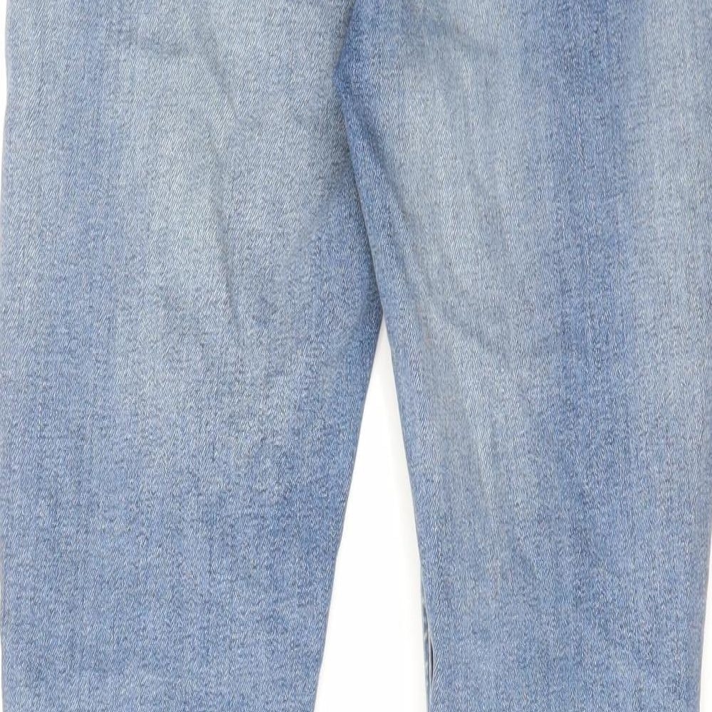 Brand and care label for ASOS women’s blue cotton skinny jeans, size UK 28, in, 30-inch leg regular zip