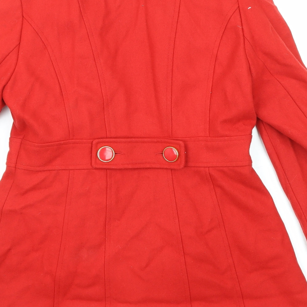 Brand and care label for Miss Selfridge women’s red overcoat coat, size UK 12, button - ruffle detail