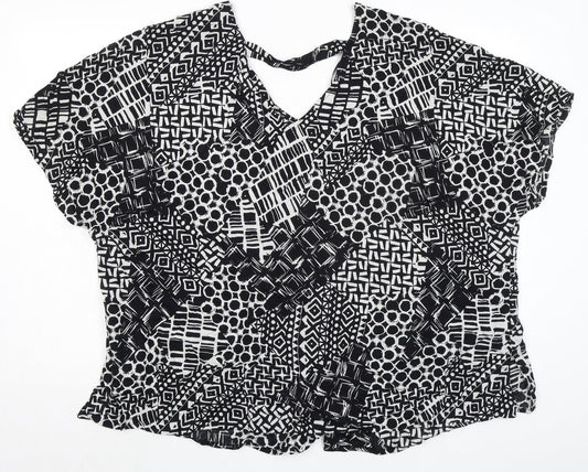 M&Co Womens Black Geometric Viscose Basic Blouse Size 24 V-Neck