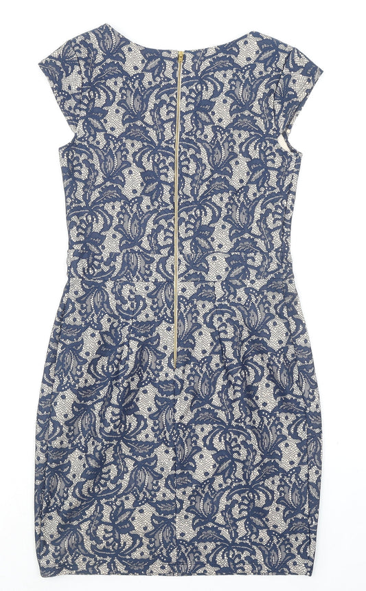 Dorothy Perkins Womens Blue Geometric Nylon Pencil Dress Size 10 Round Neck Zip