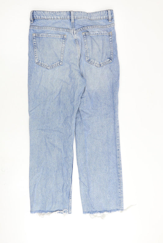 Mango Womens Blue Cotton Straight Jeans Size 10 L26 in Regular Zip - Distressed Hems