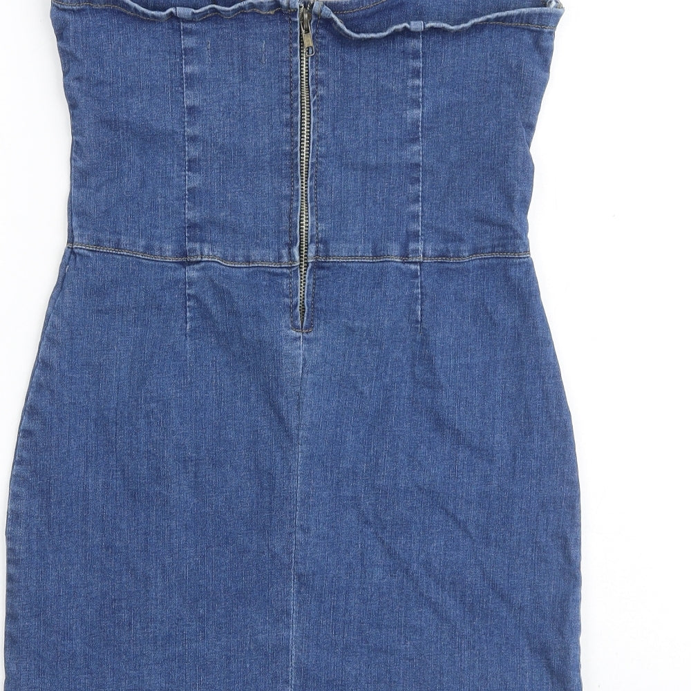 PRETTYLITTLETHING Womens Blue Cotton Mini Size 10 Off the Shoulder Zip