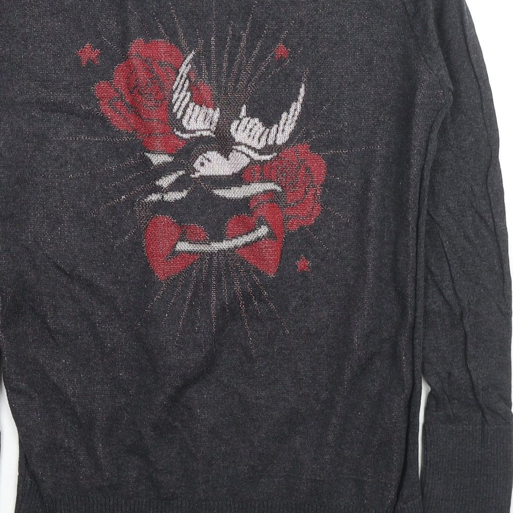Butterfly Womens Grey V-Neck Cotton Pullover Jumper Size M - Heart Rose Wings