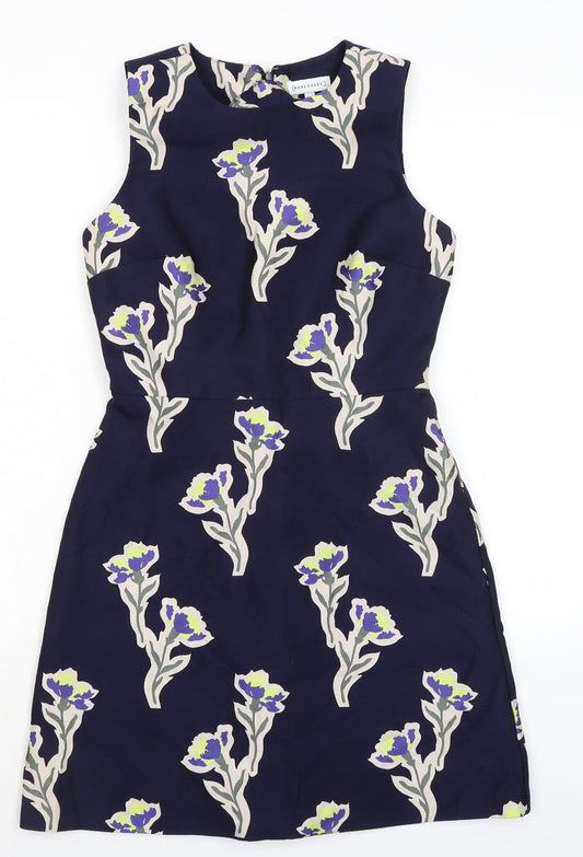 Warehouse Womens Blue Floral Polycarbamide Pencil Dress Size 8 Crew Neck Zip