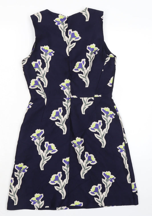 Warehouse Womens Blue Floral Polycarbamide Pencil Dress Size 8 Crew Neck Zip