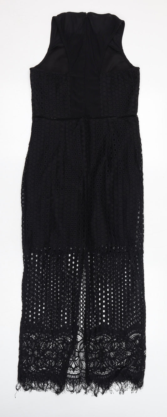 Miss Selfridge Womens Black Polyamide Maxi Size 10 Round Neck Zip - Crochet Overlay