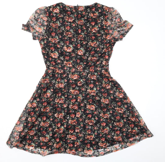 Oasis Womens Black Floral Polyester Fit & Flare Size S Round Neck Zip