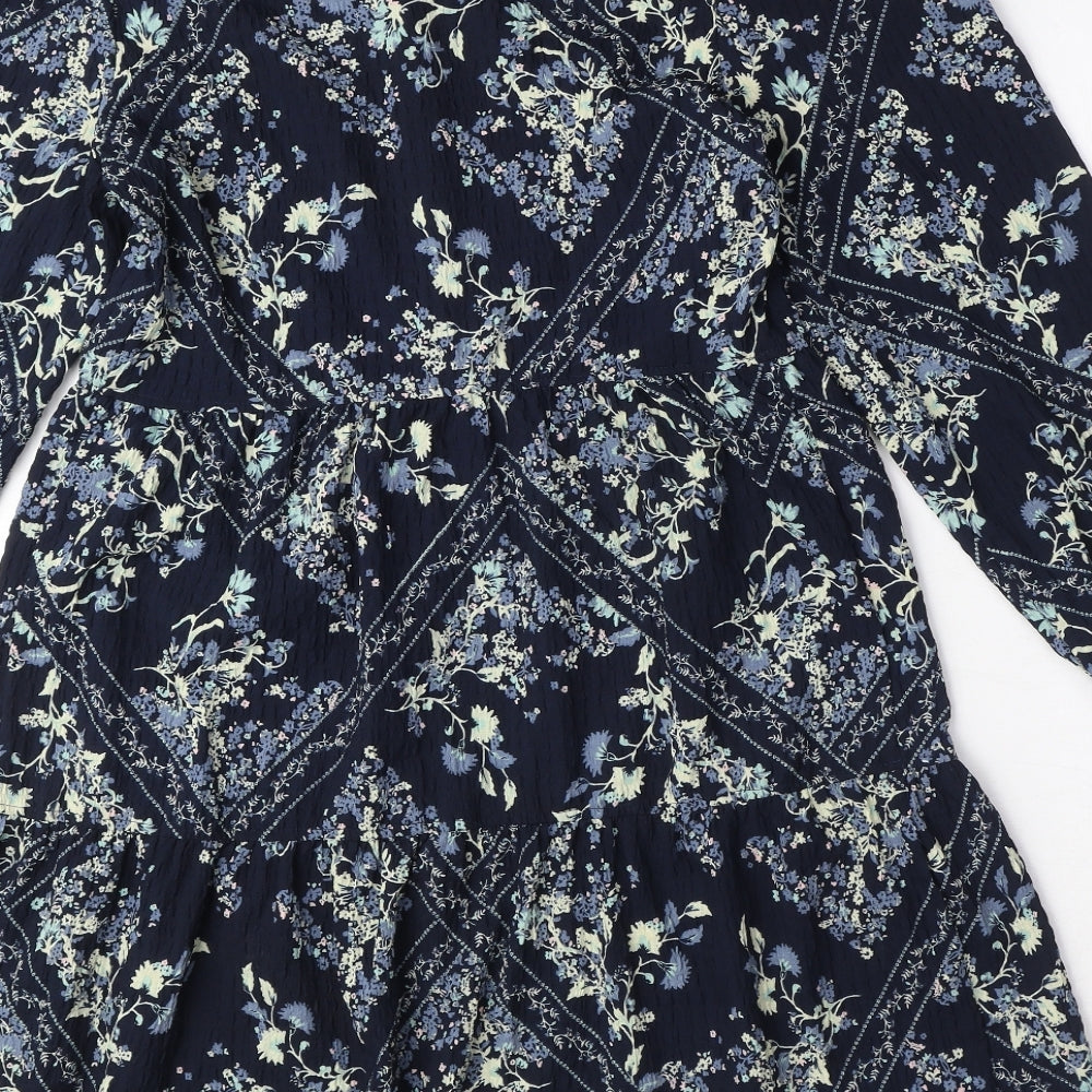 Marks and Spencer Womens Blue Geometric Polyester Shift Size 6 Round Neck Button - Floral Diamond Smock