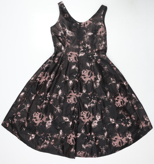 Luxe Womens Black Geometric Polyester Skater Dress Size 12 V-Neck Zip