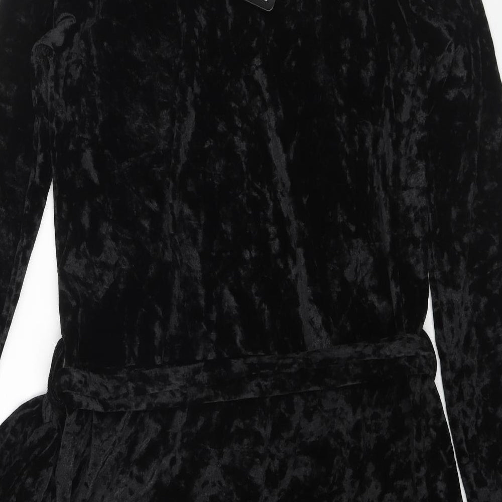 PRETTYLITTLETHING Womens Black Geometric Polyester Wrap Dress Size 6 V-Neck Button