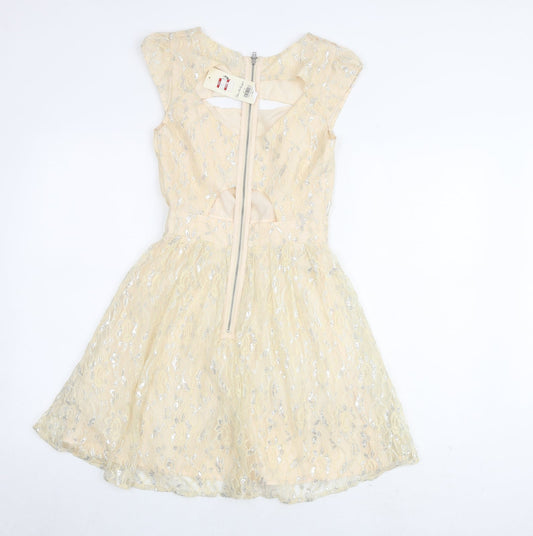 Miss Selfridge Womens Ivory Geometric Polyamide A-Line Size 4 Round Neck Zip - Keyhole Neck