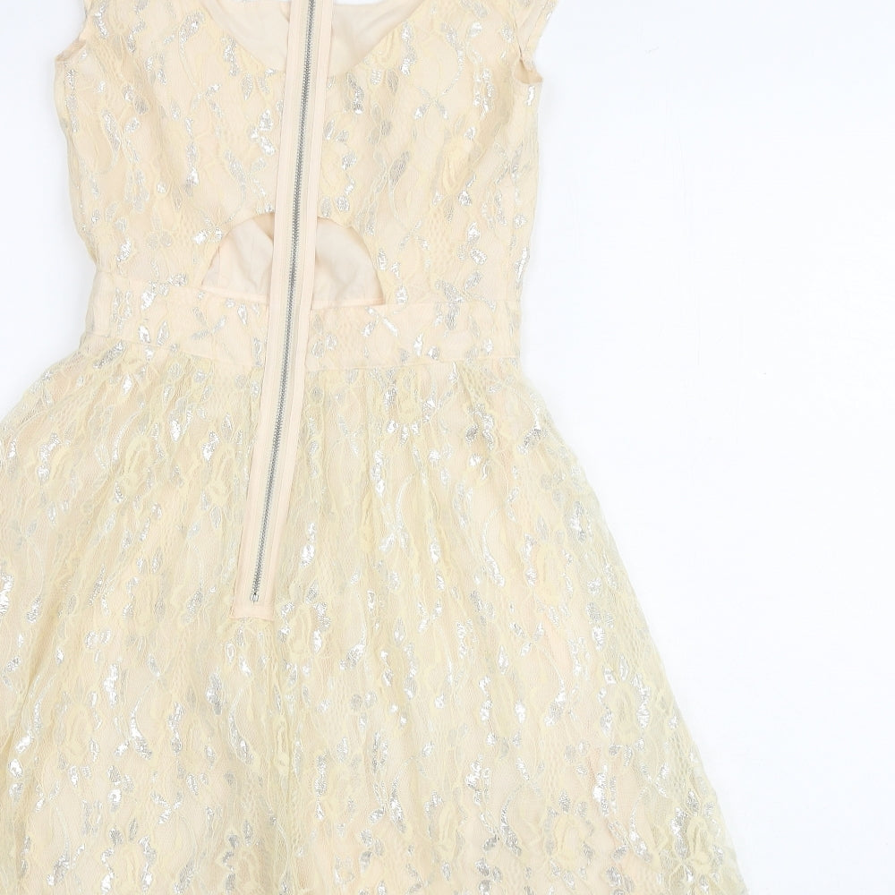 Miss Selfridge Womens Ivory Geometric Polyamide A-Line Size 4 Round Neck Zip - Keyhole Neck