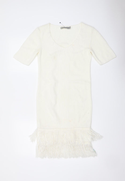 ASOS Womens Ivory Acrylic Bodycon Size 6 V-Neck Pullover - Tassel Hem
