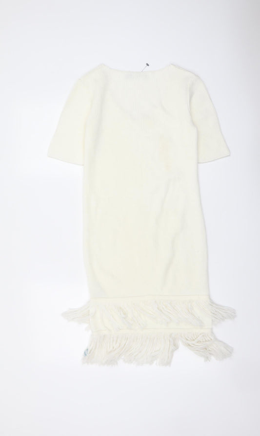 ASOS Womens Ivory Acrylic Bodycon Size 6 V-Neck Pullover - Tassel Hem