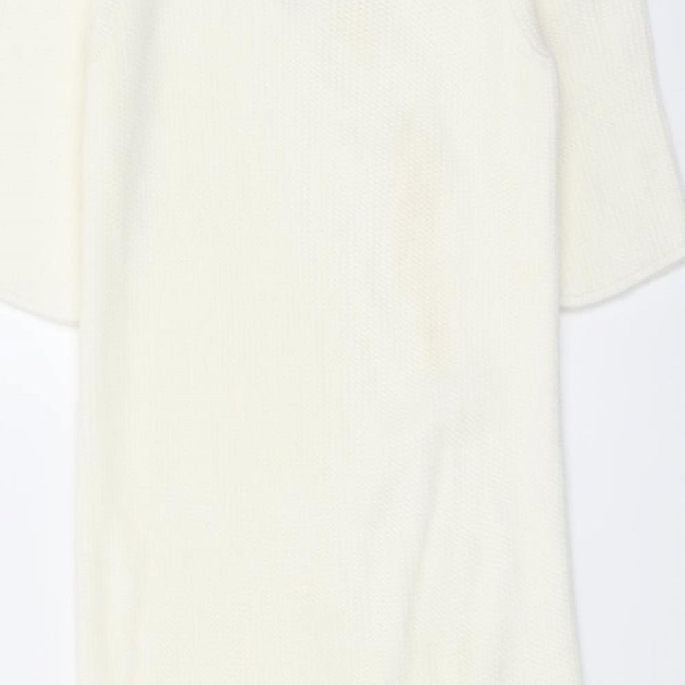 Brand and care label for ASOS women’s ivory acrylic bodycon, size UK 6, v-neck pullover - tassel hem