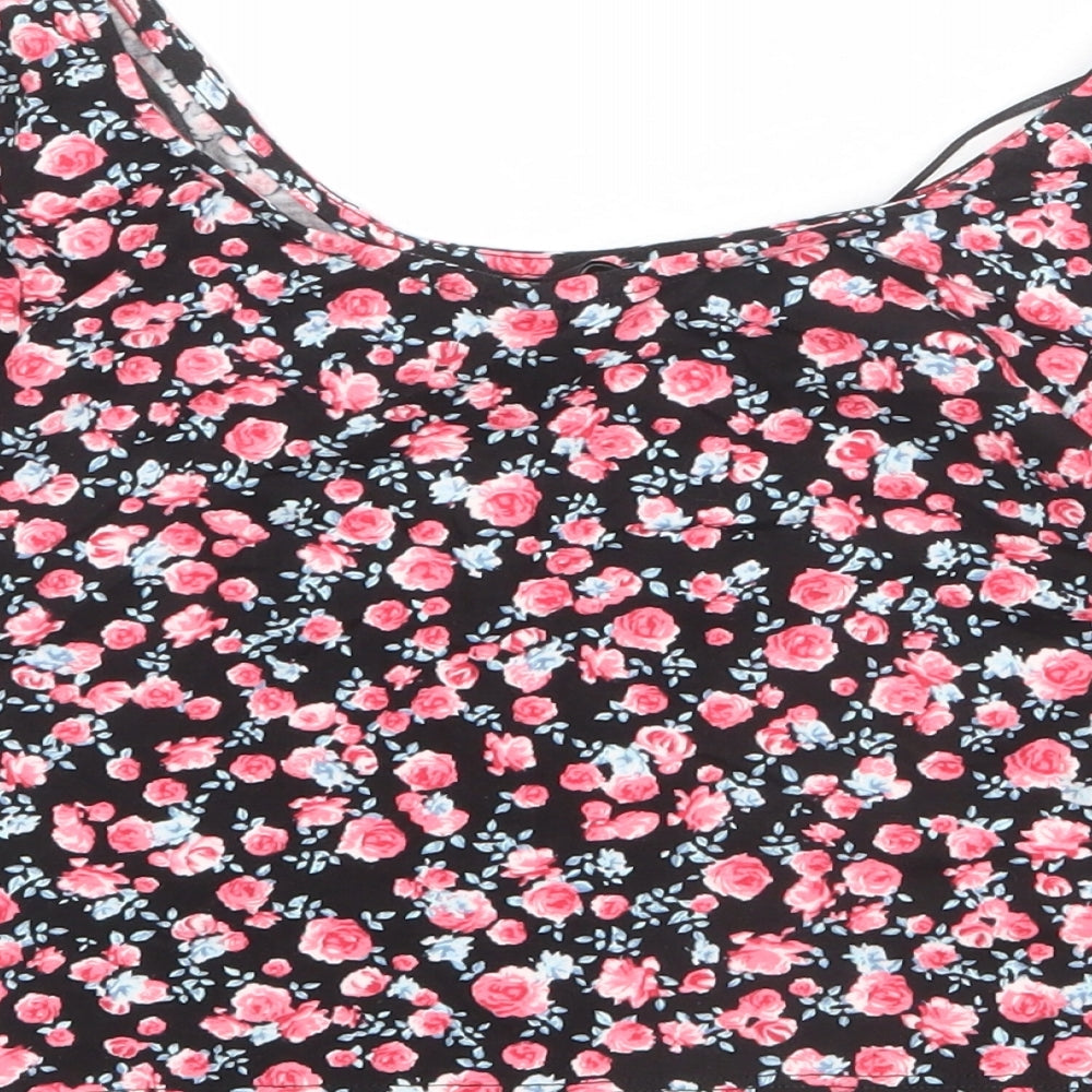 Divided by H&M Womens Black Floral Cotton Cropped T-Shirt Size S Boat Neck