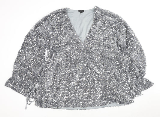Et Vous Womens Grey Polyester Basic Blouse Size 14 V-Neck