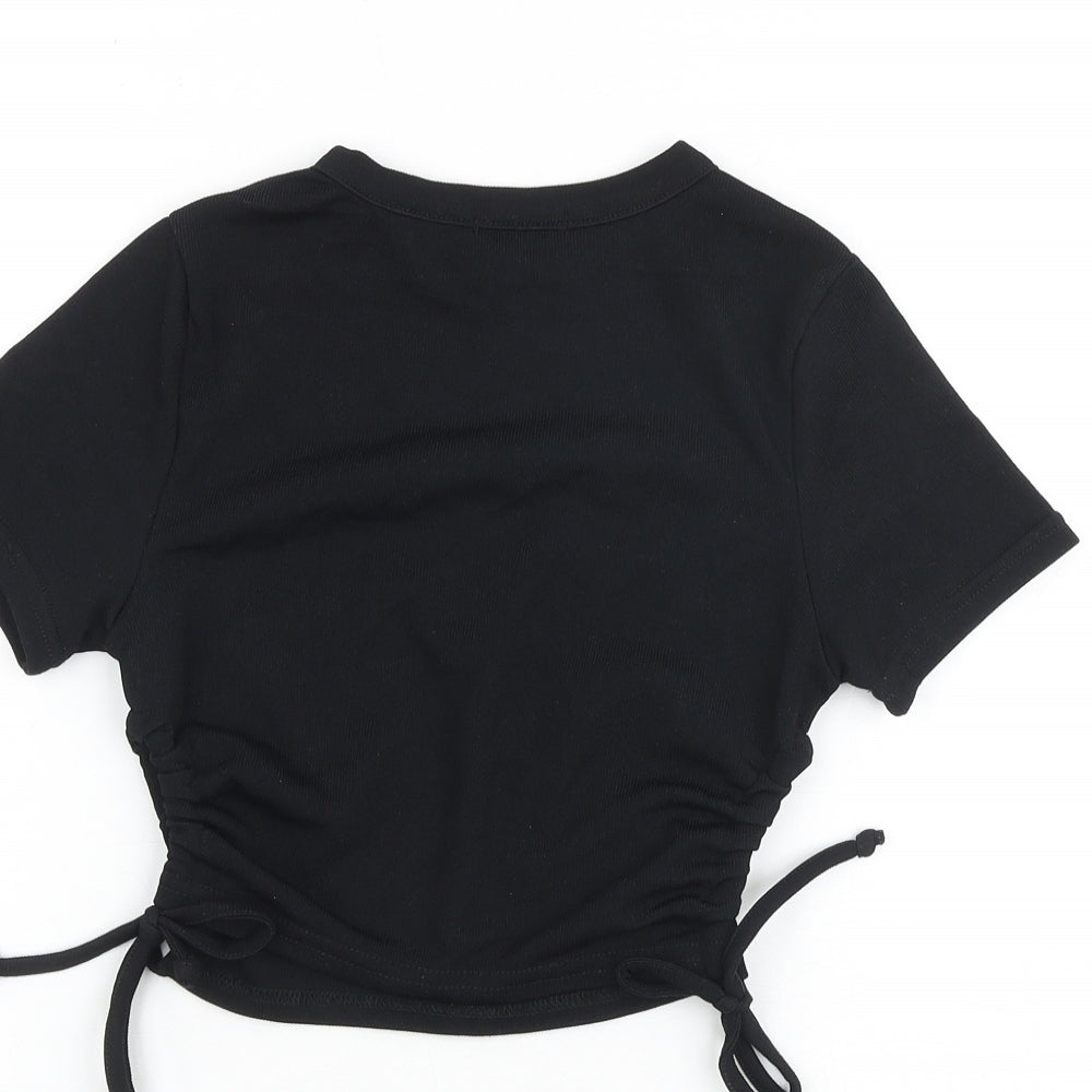 Boohoo Womens Black Polyester Basic T-Shirt Size 6 Round Neck - Ruched Sides