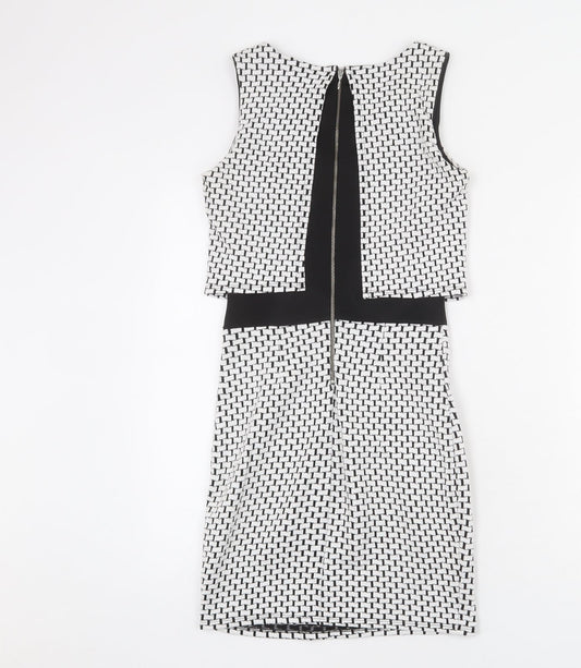Miss Selfridge Womens White Geometric Cotton Bodycon Size 6 Round Neck Zip - Layered