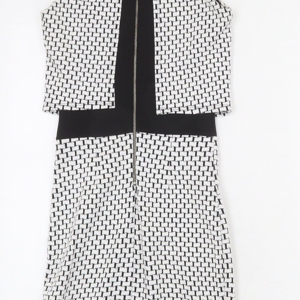 Brand and care label for Miss Selfridge women’s white geometric cotton bodycon, size UK 6, round neck zip - layered