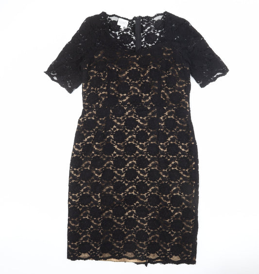 Additional front view of Kaliko women’s black floral polyester sheath, size UK 12, v-neck zip - lace overlay, slit