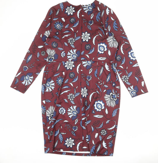 Autograph Womens Red Floral Polyester Sheath Size 16 Round Neck Zip