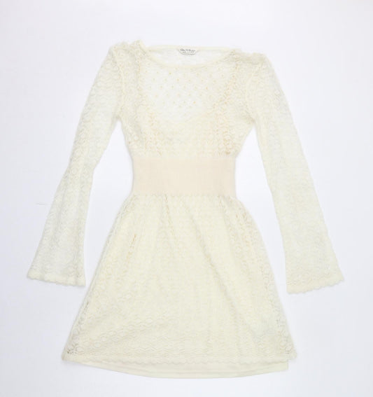 Additional front view of Miss Selfridge women’s ivory acrylic fit & flare, size UK 10, boat neck pullover