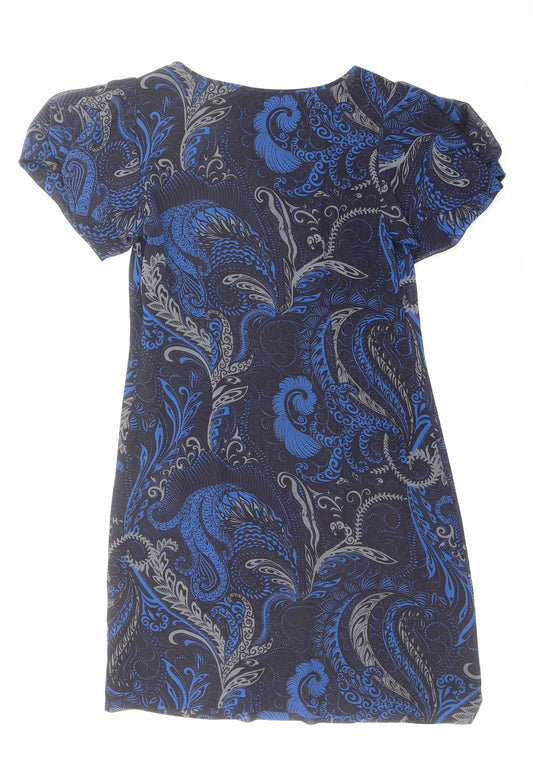 Marks and Spencer Womens Blue Geometric Polyester A-Line Size 10 Round Neck Zip - Sequin Detail