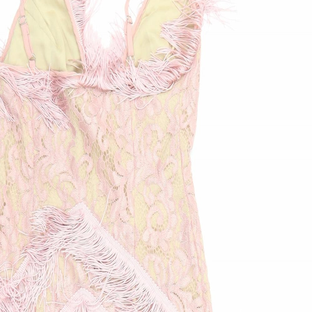 PRETTYLITTLETHING Womens Pink Polyester Bodycon Size 6 V-Neck Zip - Fringe detail