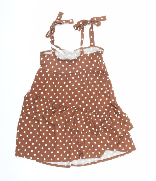 ASOS Womens Brown Polka Dot Cotton Tank Dress Size 10 Square Neck Tie
